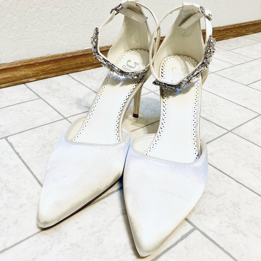 JG Jeweled Satin Heels (White)